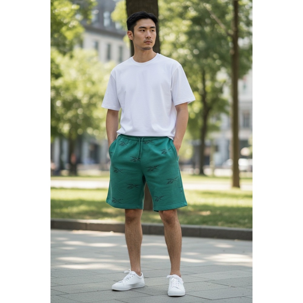 Reebok Mens Green Fleece Shorts All Over Logo Print Athletic Drawstring Gym XL